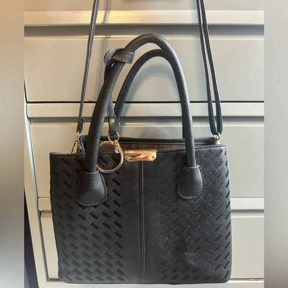 Black Woven Tote Satchel Handbag - Picture 3 of 7